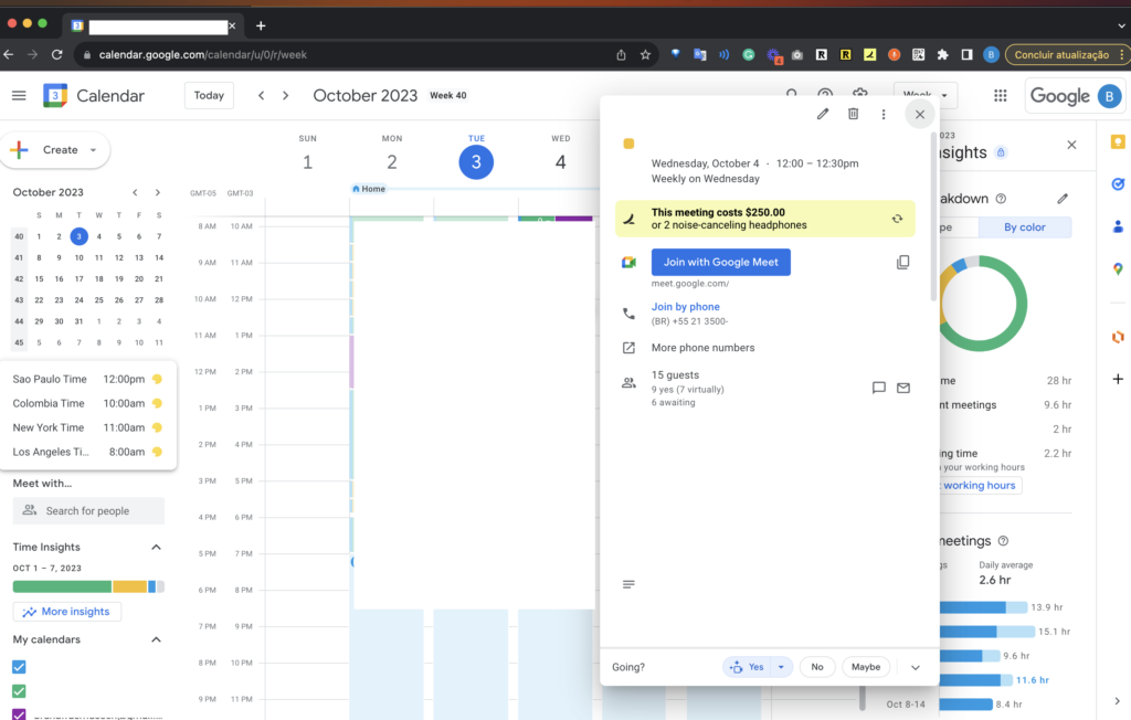 quanto custa uma reunião via Google Calendar